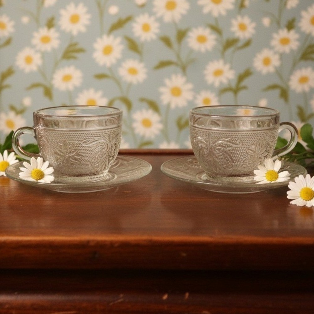 Anchor Hocking Sandwich Pattern Cups & Saucers, Set of 2, Vtg Snack Set, 4 Piece